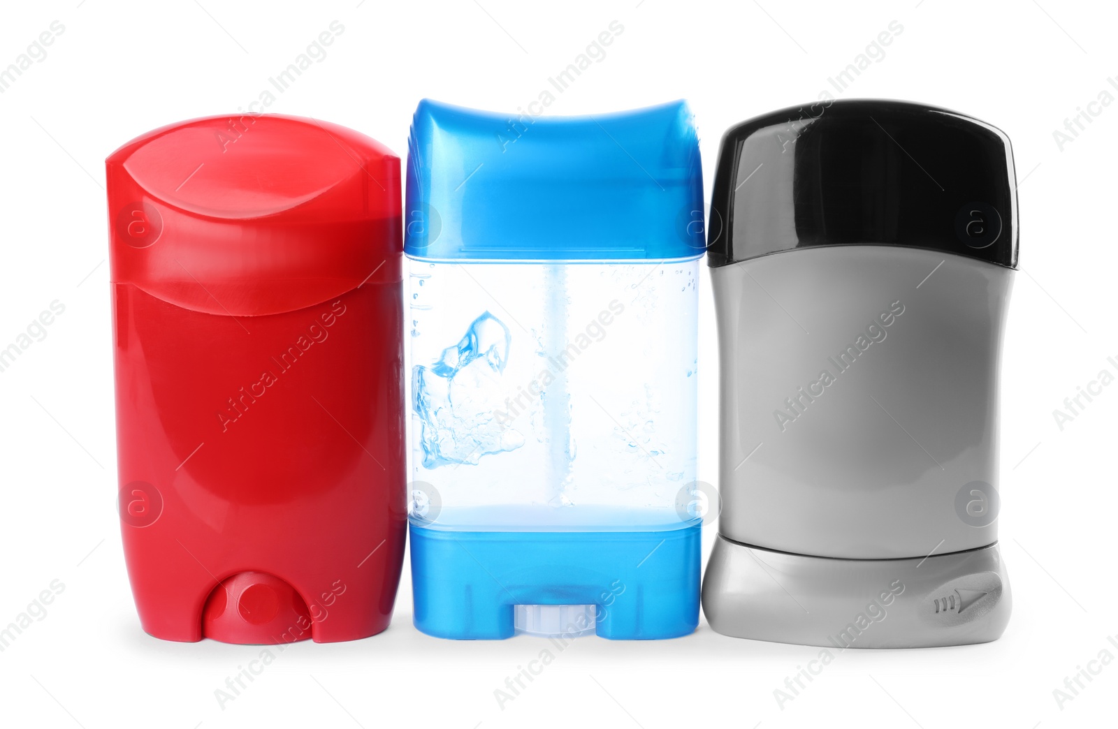 Photo of Different natural male deodorants on white background. Skin care