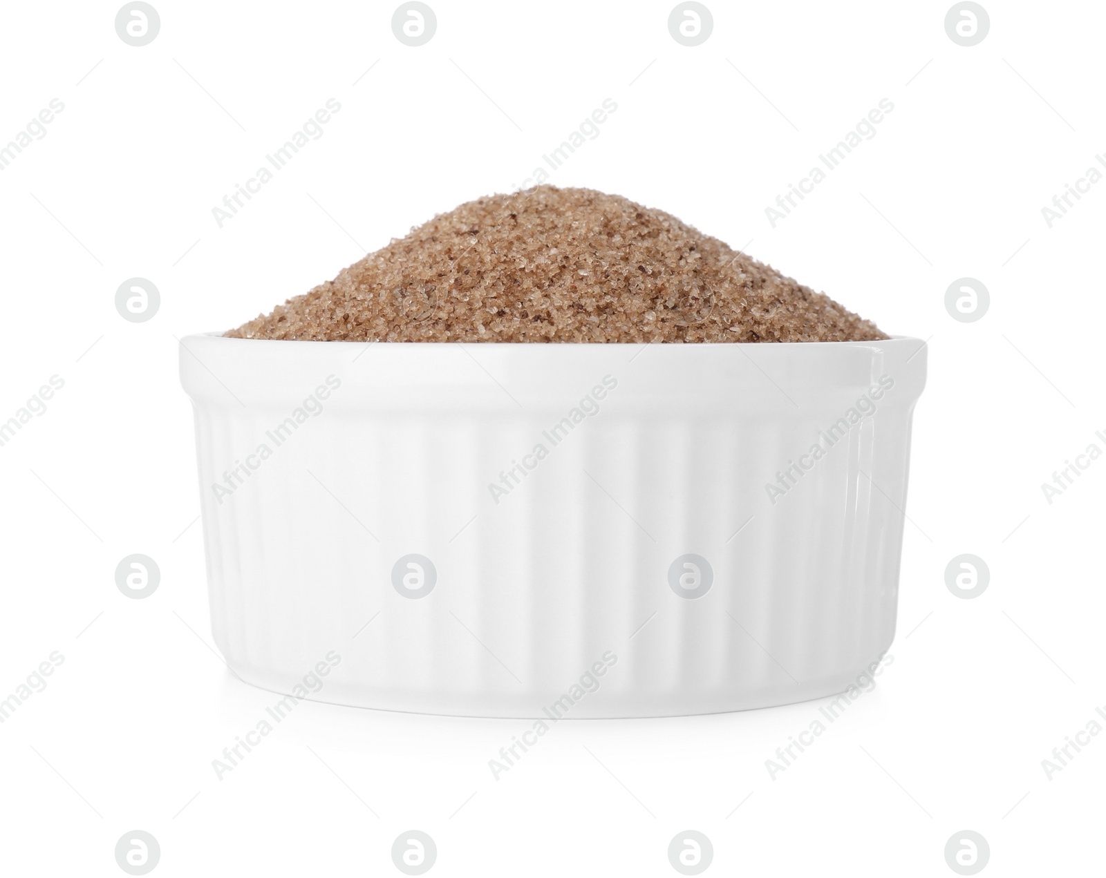 Photo of Brown salt in bowl isolated on white