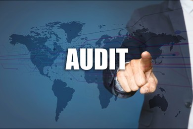 Image of Audit concept. Businessman pointing at world map illustration on light blue background, closeup
