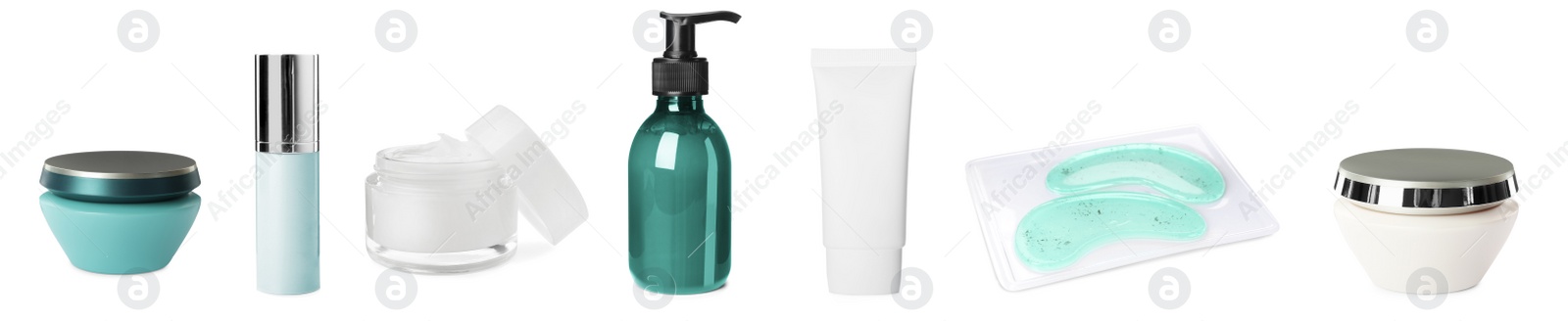 Image of Set with different cosmetic products on white background. Banner design