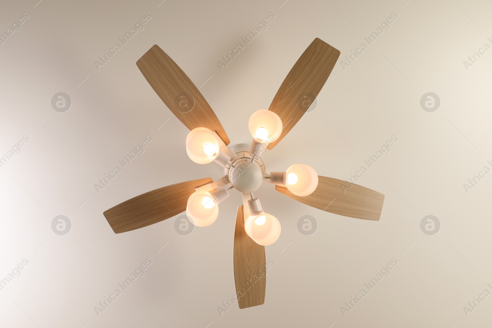 Photo of Modern ceiling fan with lamps indoors, bottom view