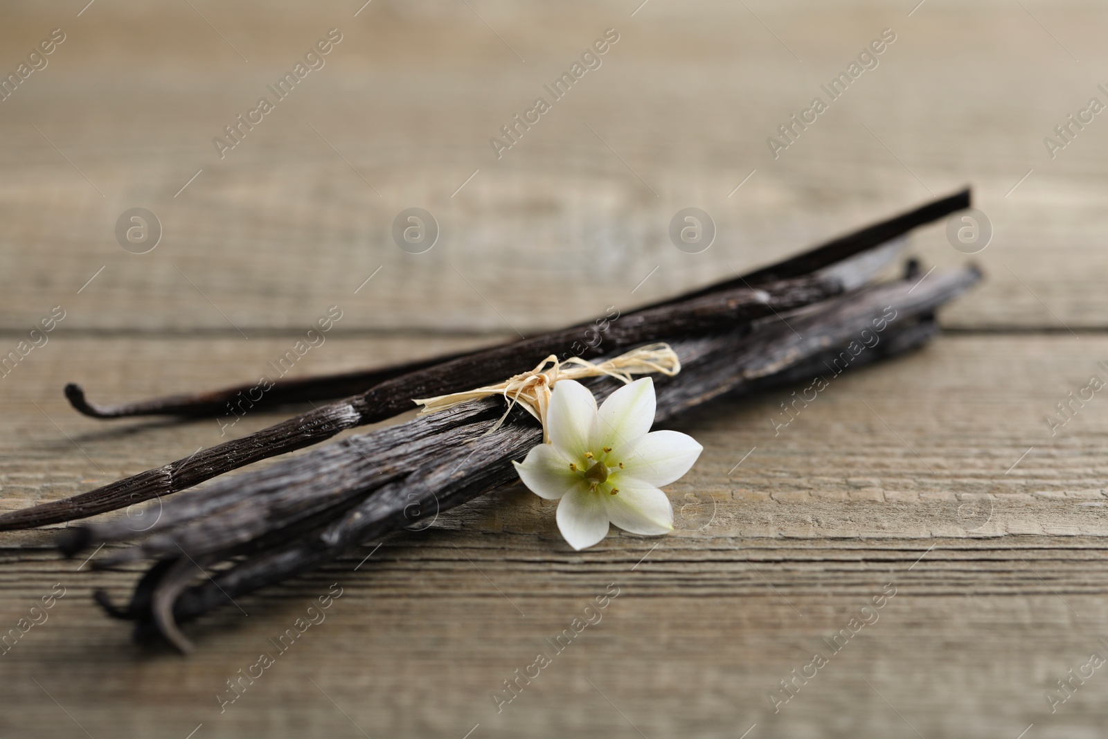 Photo of Vanilla pods and flower on wooden table, closeup