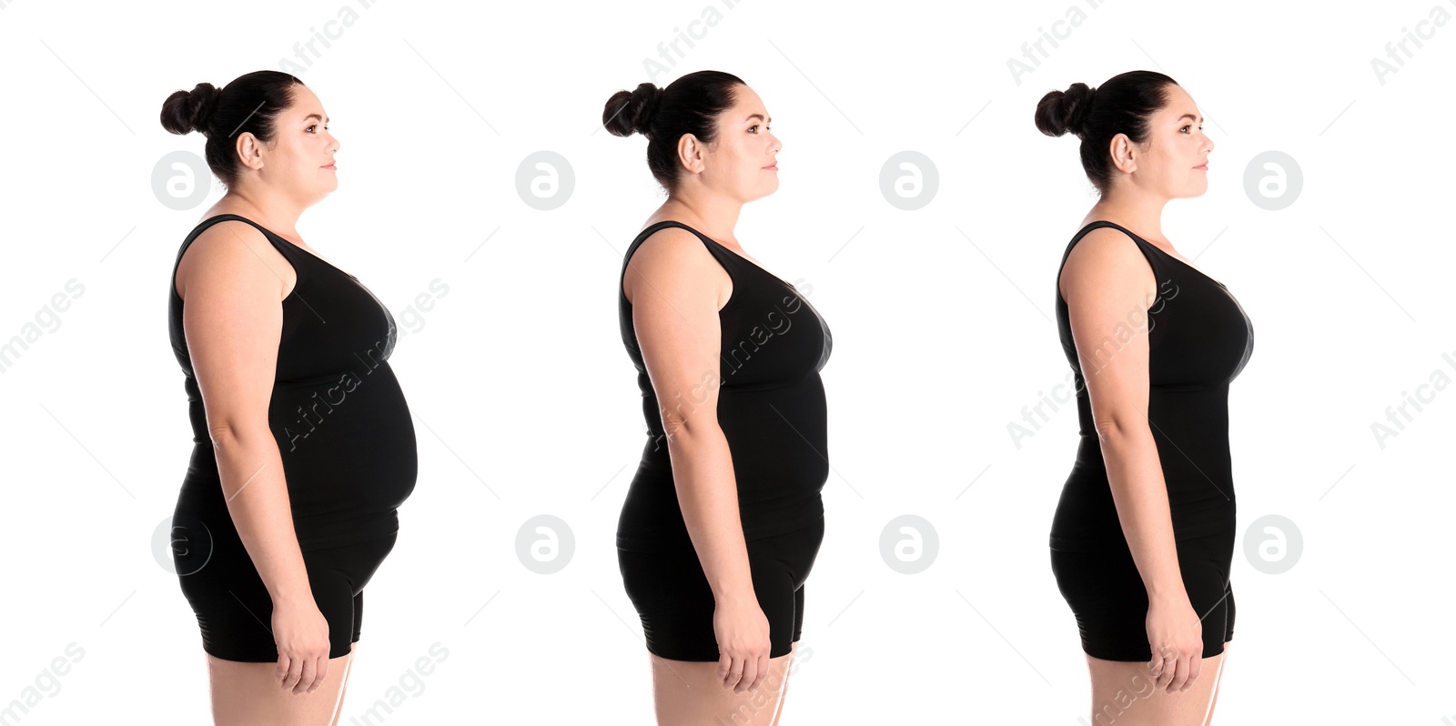 Image of Collage with photos of overweight woman before and after weight loss on white background. Banner design 