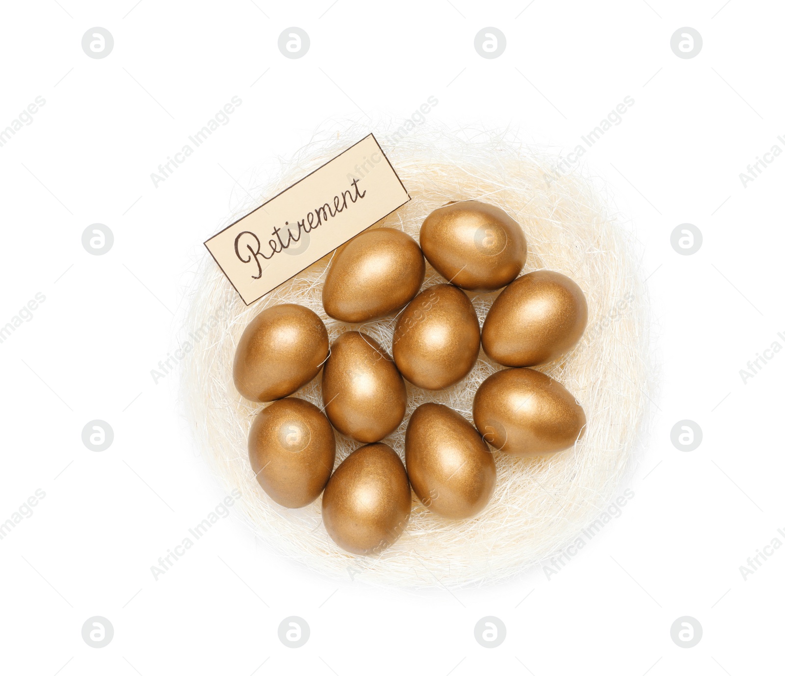 Photo of Golden eggs and card with word Retirement in nest on white background, top view. Pension concept