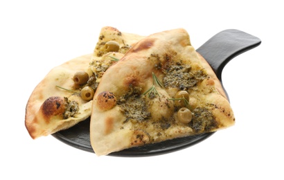 Photo of Slices of delicious focaccia bread with green olives on white background