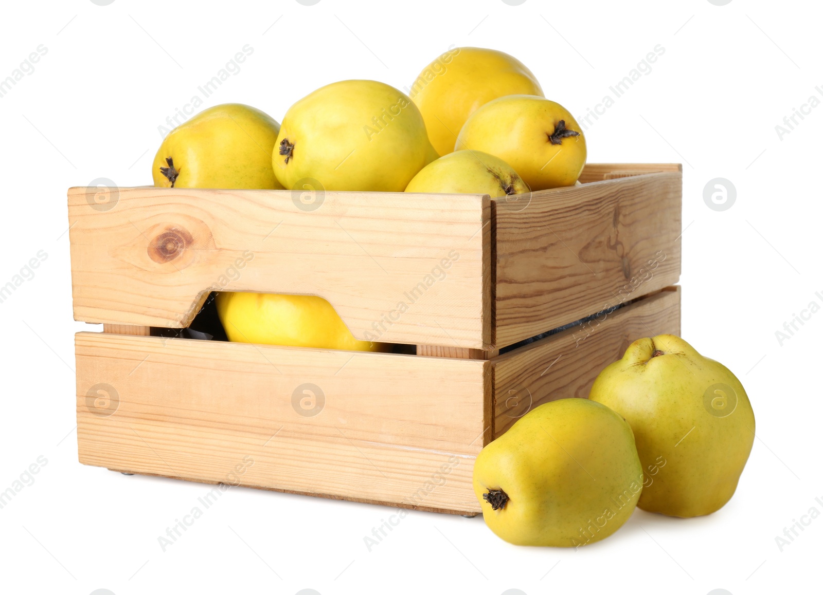 Photo of Wooden crate with delicious fresh ripe quinces isolated on white