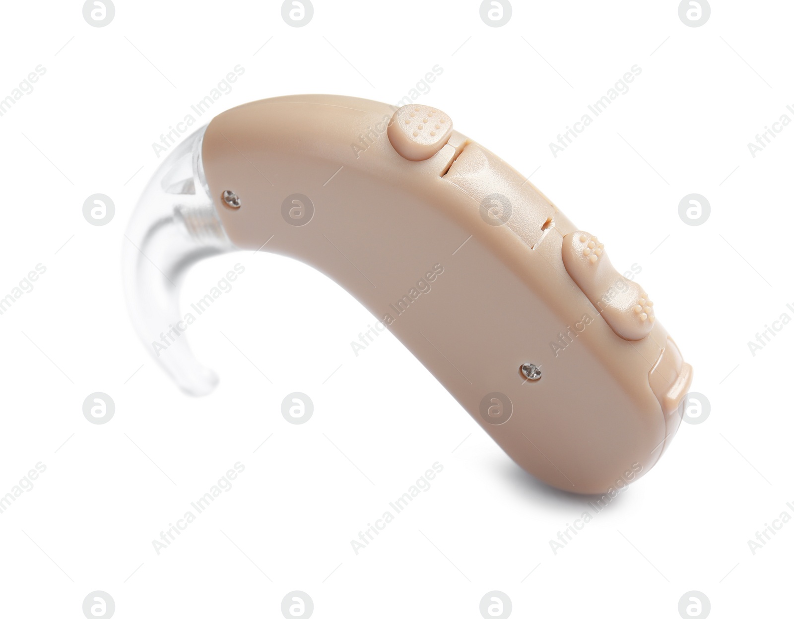 Photo of Hearing aid on white background. Medical device