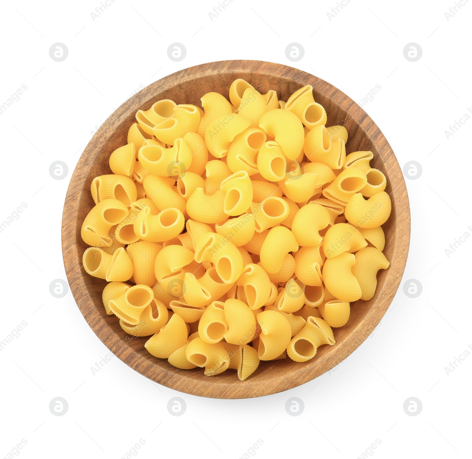 Photo of Raw horns pasta in bowl isolated on white, top view