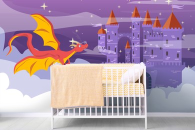 Baby room with crib near wall. Interior design with fairytale themed wallpapers
