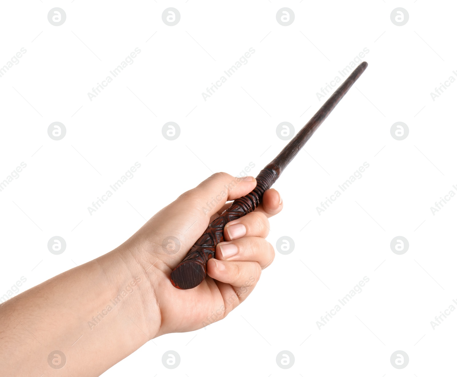 Photo of Woman holding wooden magic wand on white background, closeup