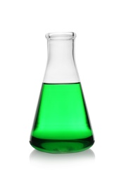 Photo of Conical flask with color liquid on white background. Solution chemistry