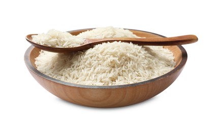 Photo of Raw basmati rice in bowl and spoon isolated on white