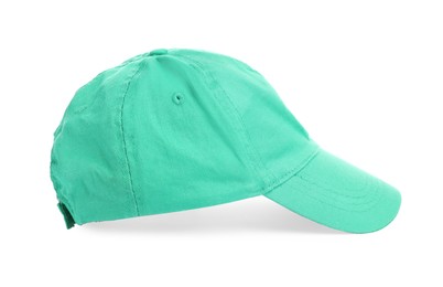 Photo of Stylish green baseball cap on white background