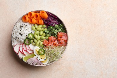 Delicious poke bowl with quail eggs, fish and edamame beans on light table, top view. Space for text