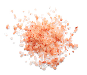Scattered pink himalayan salt on white background, top view