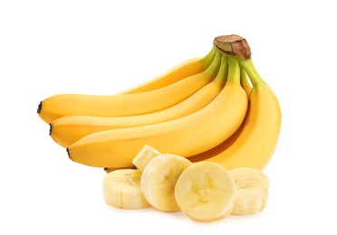 Image of Delicious ripe bananas and pieces on white background