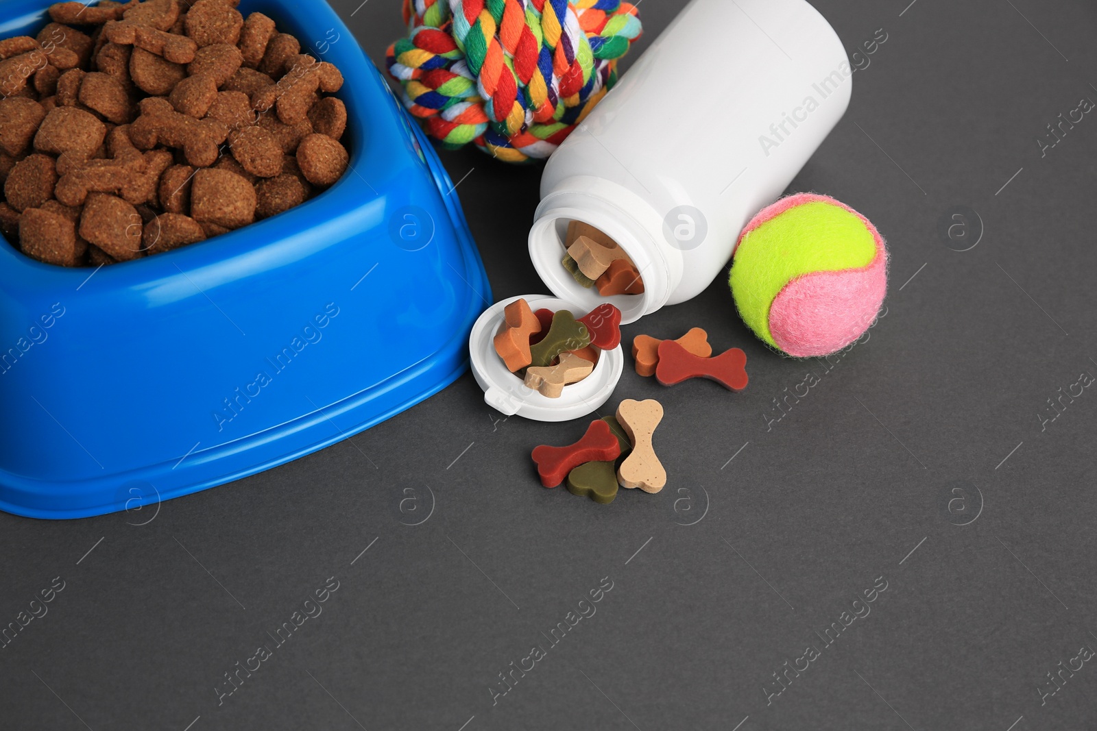 Photo of Bottle with vitamins, toys and dry pet food in bowl on grey background. Space for text