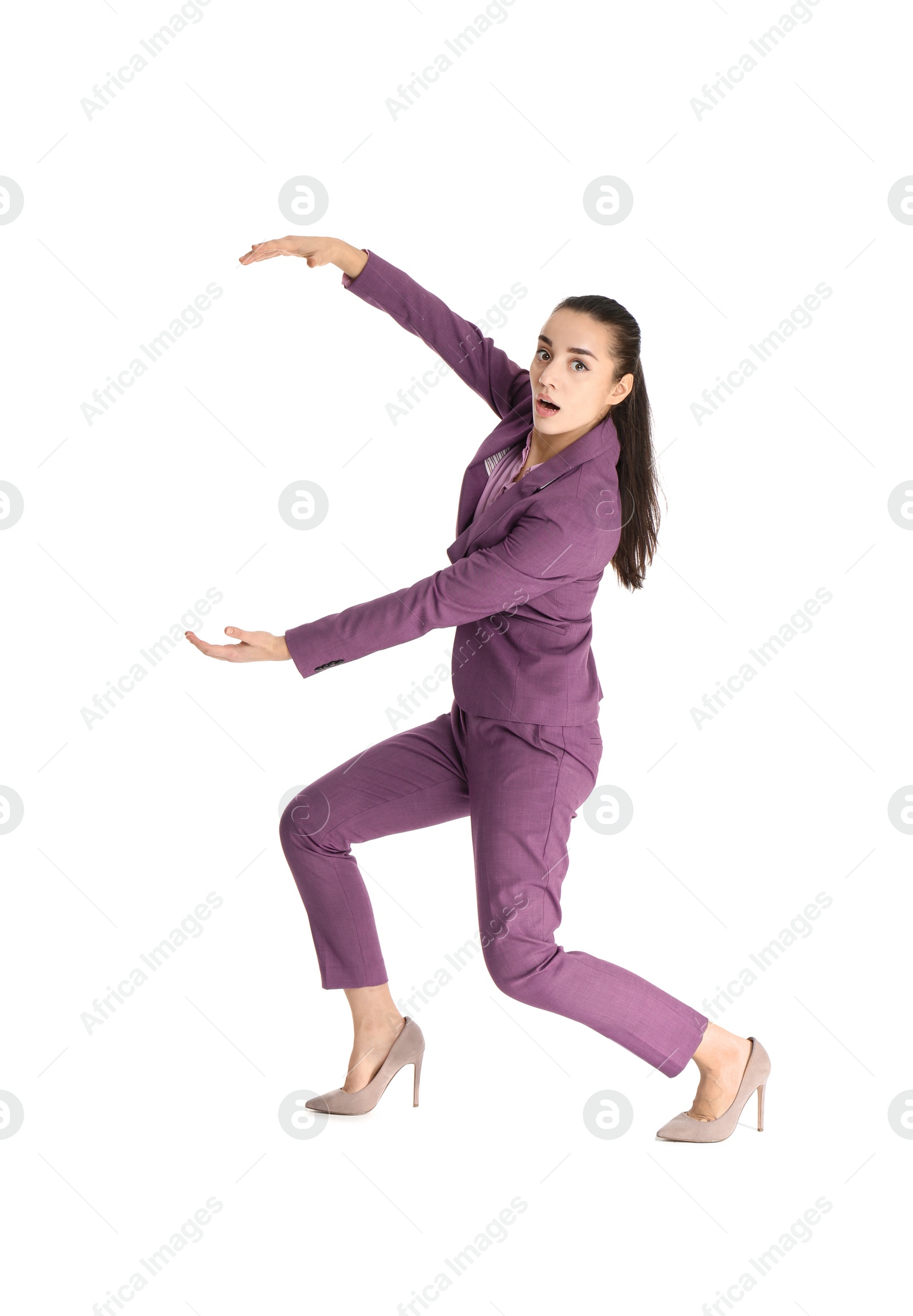 Photo of Businesswoman with magnet attracting people on white background