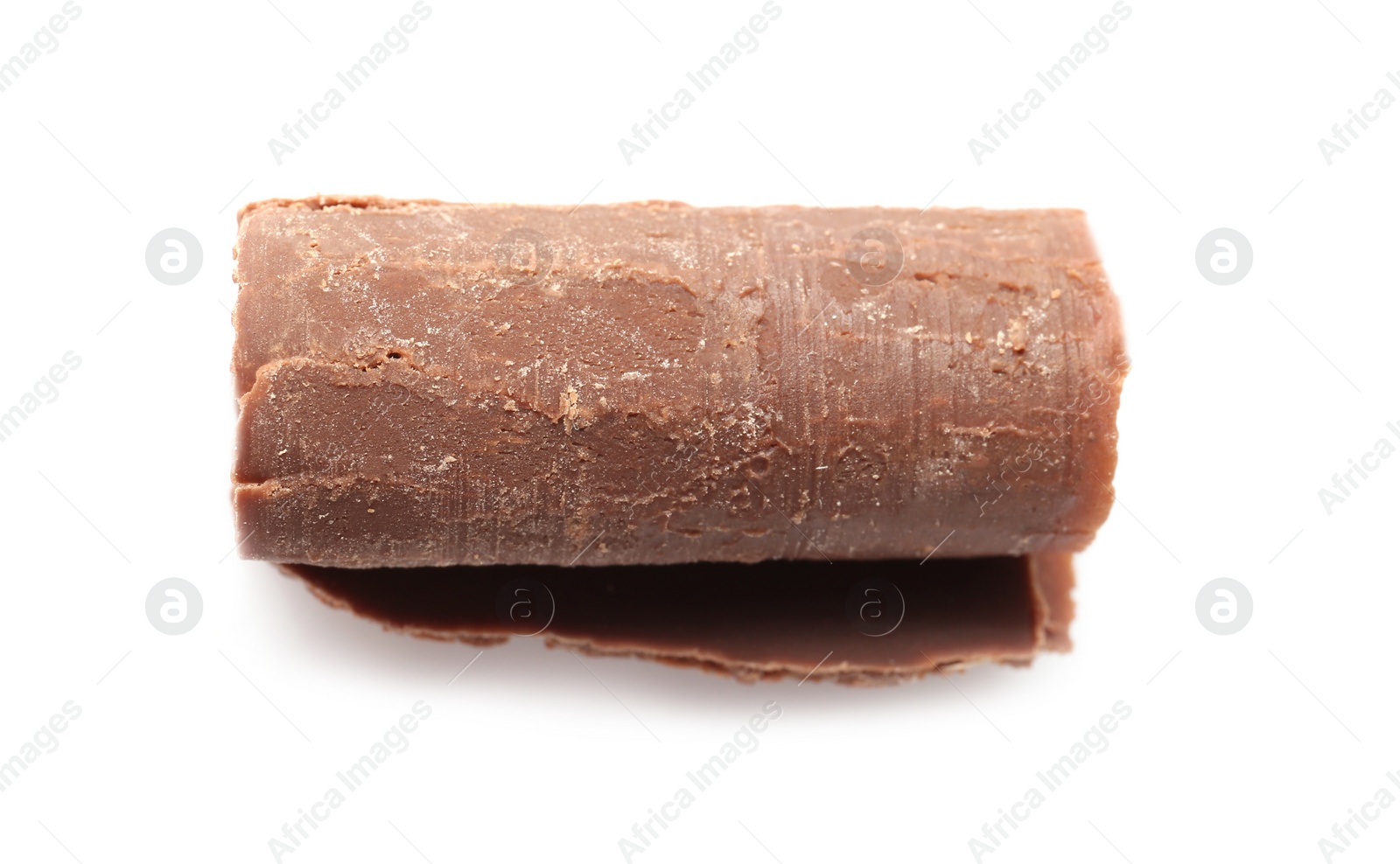 Photo of Curl of tasty chocolate on white background