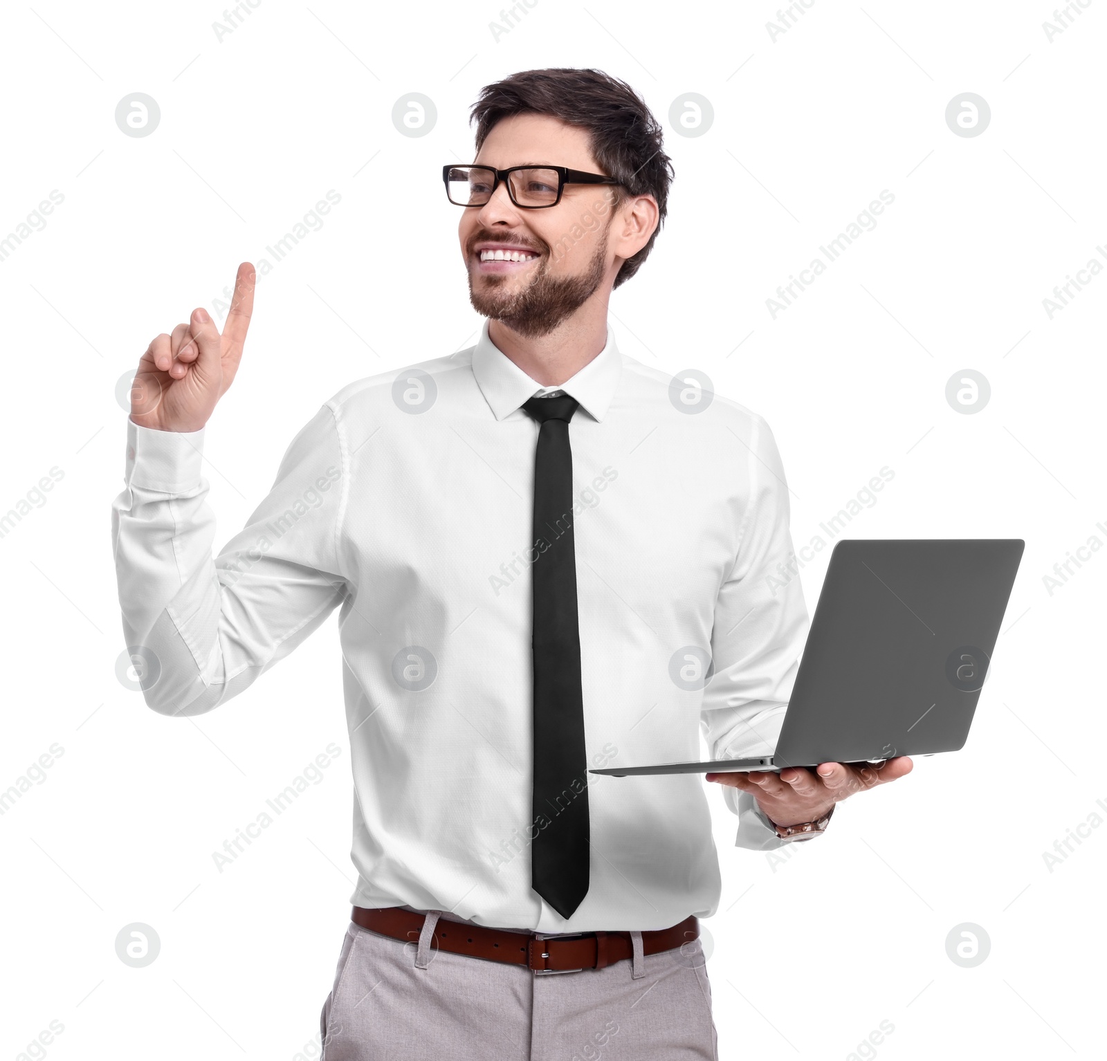 Photo of Happy man with laptop on white background