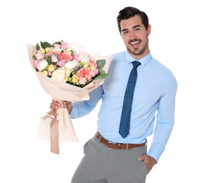 Photo of Young handsome man with beautiful flower bouquet on white background