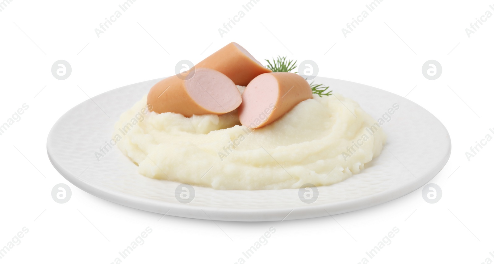 Photo of Delicious boiled sausages, mashed potato and dill isolated on white