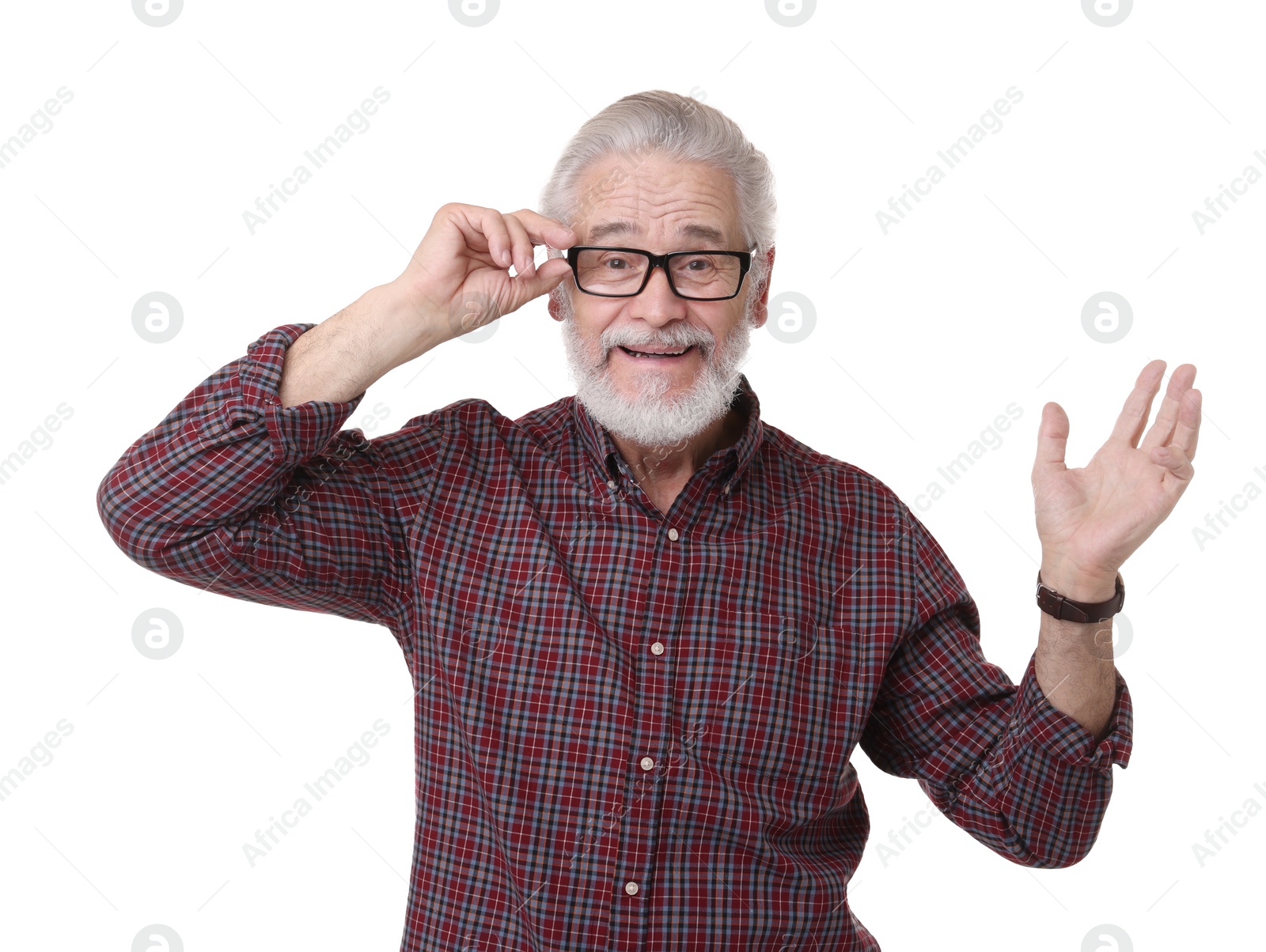 Photo of Portrait of happy grandpa with glasses on white background