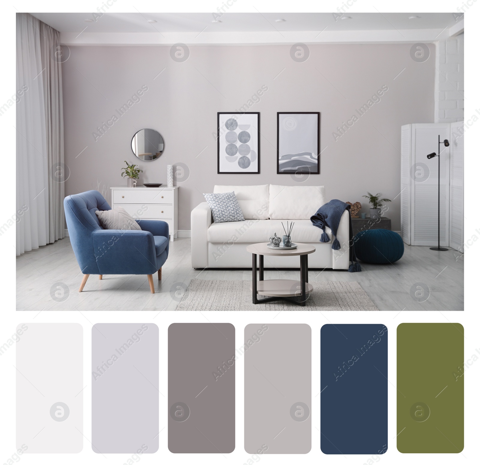 Image of Color palette and photo of stylish living room interior. Collage