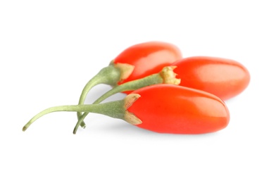 Photo of Fresh goji berries on white background. Healthy superfood