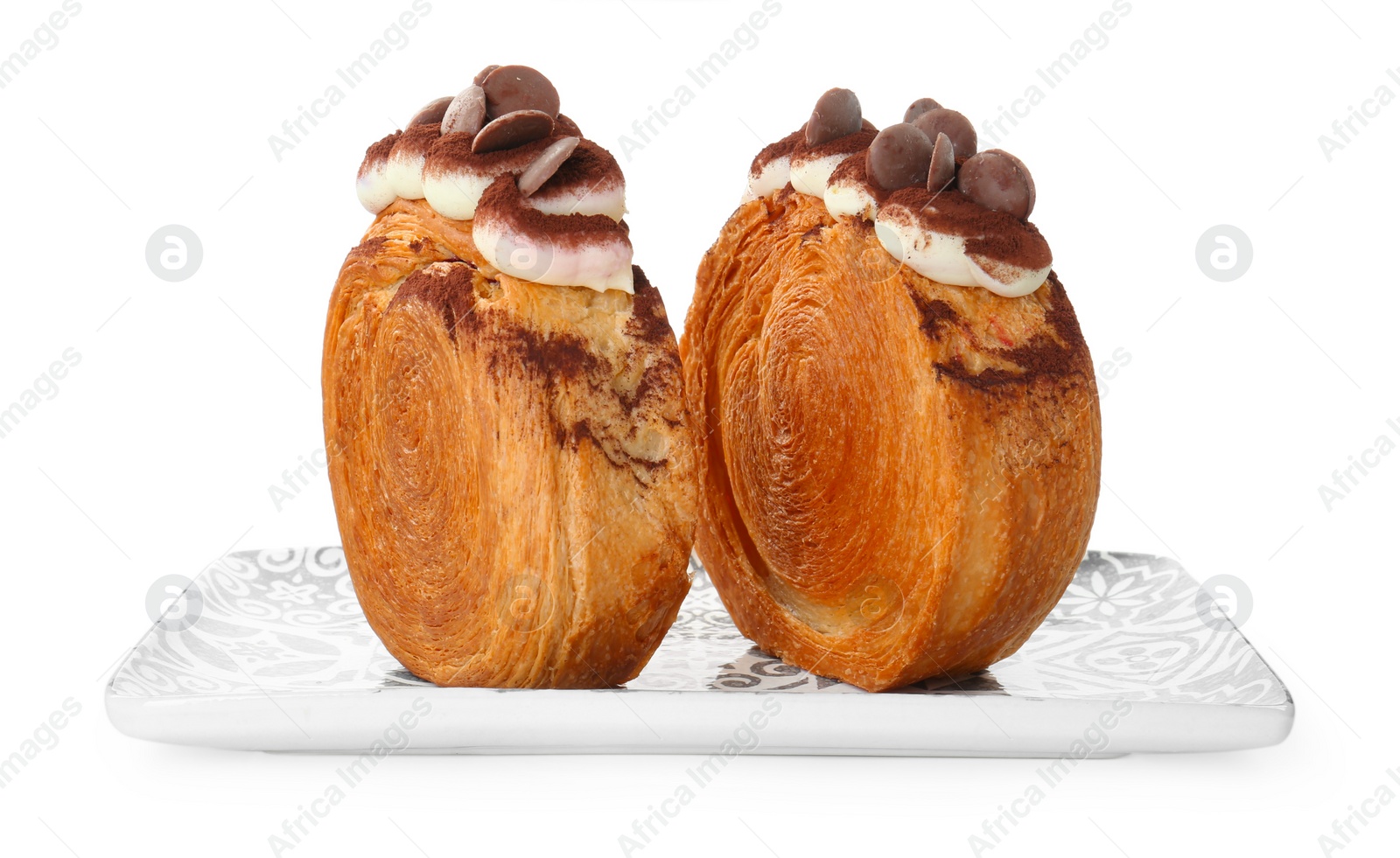 Photo of Round croissants with chocolate chips and cream isolated on white. Tasty puff pastry