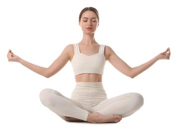 Photo of Beautiful young woman meditating on white background