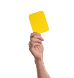 Man holding yellow card on white background, closeup of hand