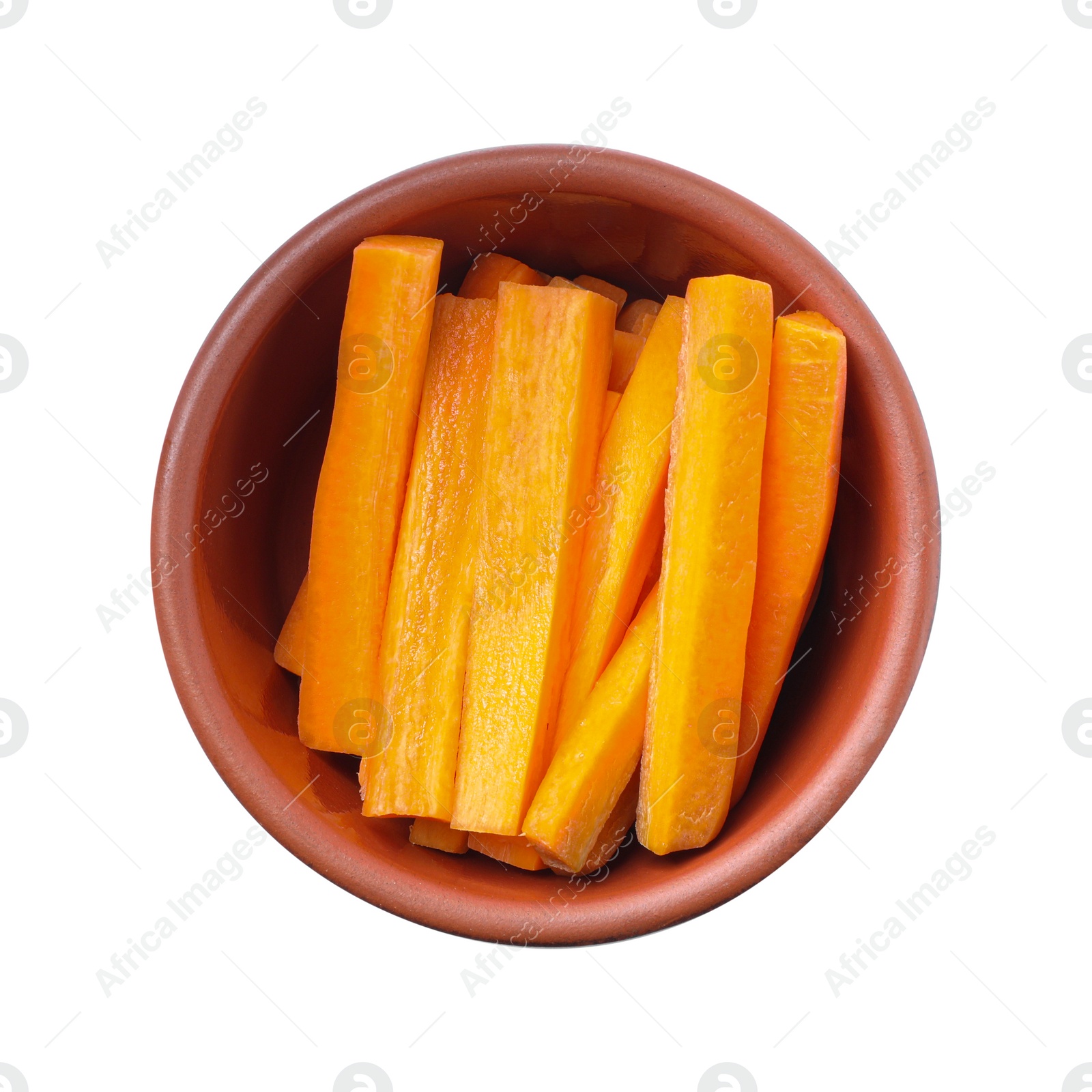 Photo of Bowl of delicious carrot sticks isolated on white, top view