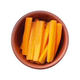 Photo of Bowl of delicious carrot sticks isolated on white, top view