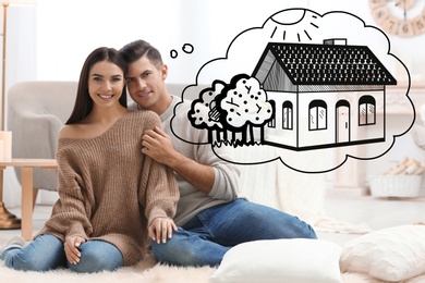 Image of Lovely couple dreaming about new house. Illustration in thought bubble