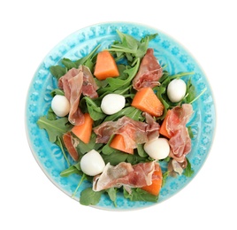 Photo of Fresh melon with prosciutto, mozzarella and arugula on white background, top view