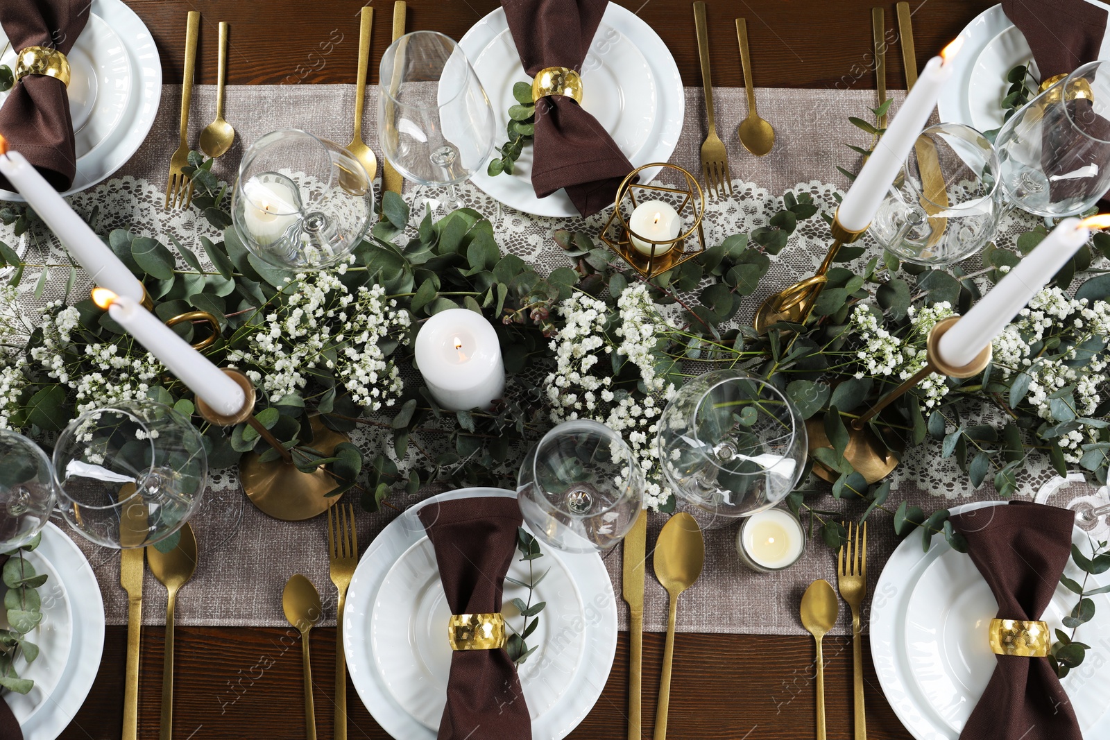Photo of Stylish elegant table setting for festive dinner, flay lay