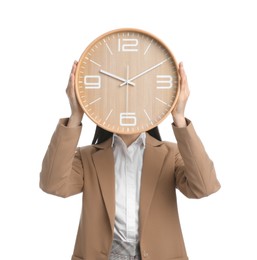 Businesswoman holding clock on white background. Time management