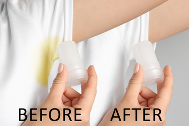 Woman before and after using deodorant on light background, closeup