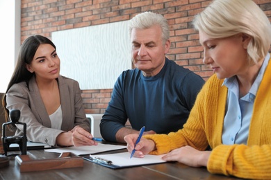 Female notary working with mature couple in office