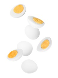 Image of Tasty hard boiled eggs falling on white background