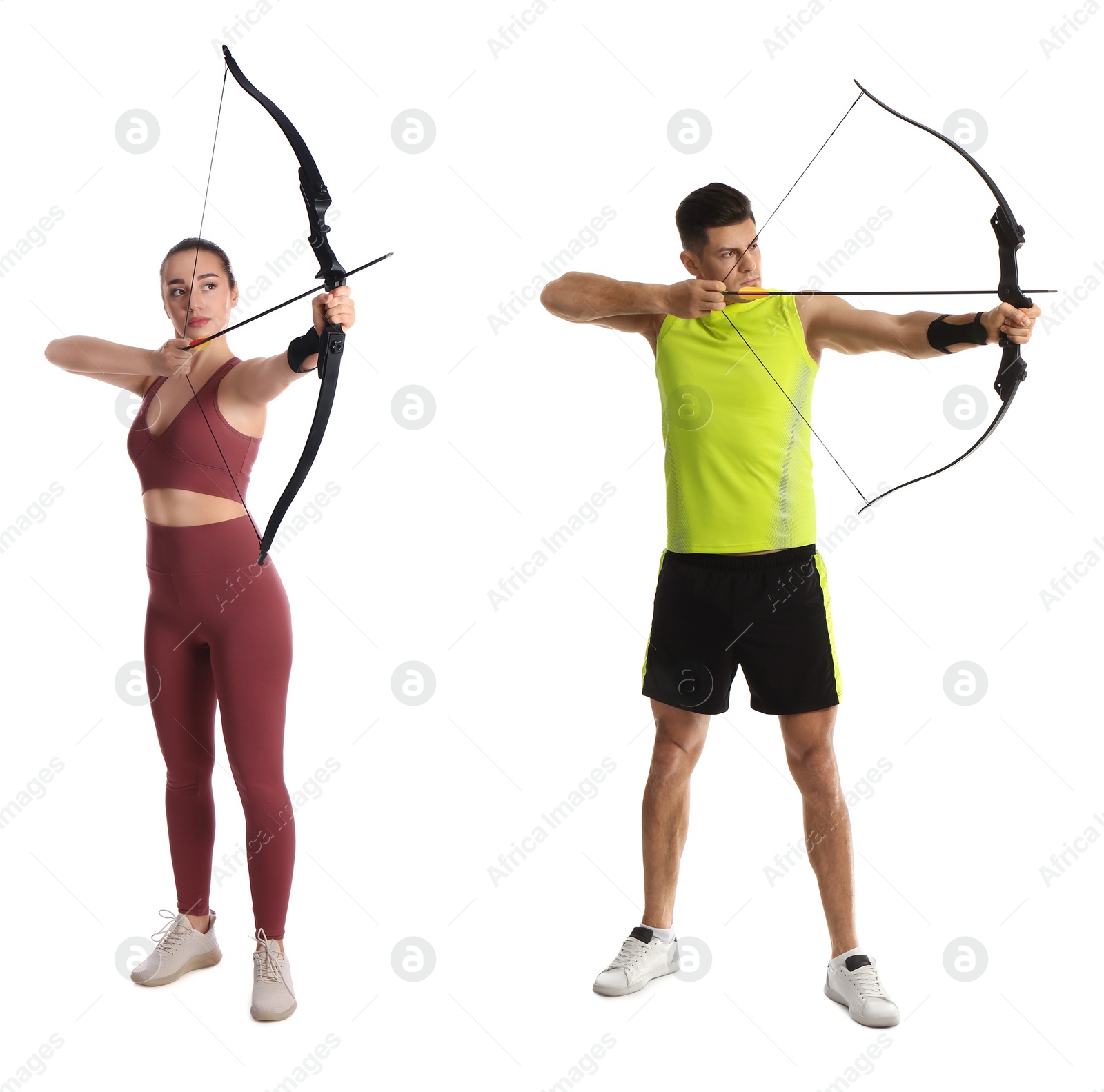 Image of People practicing archery on white background, collage