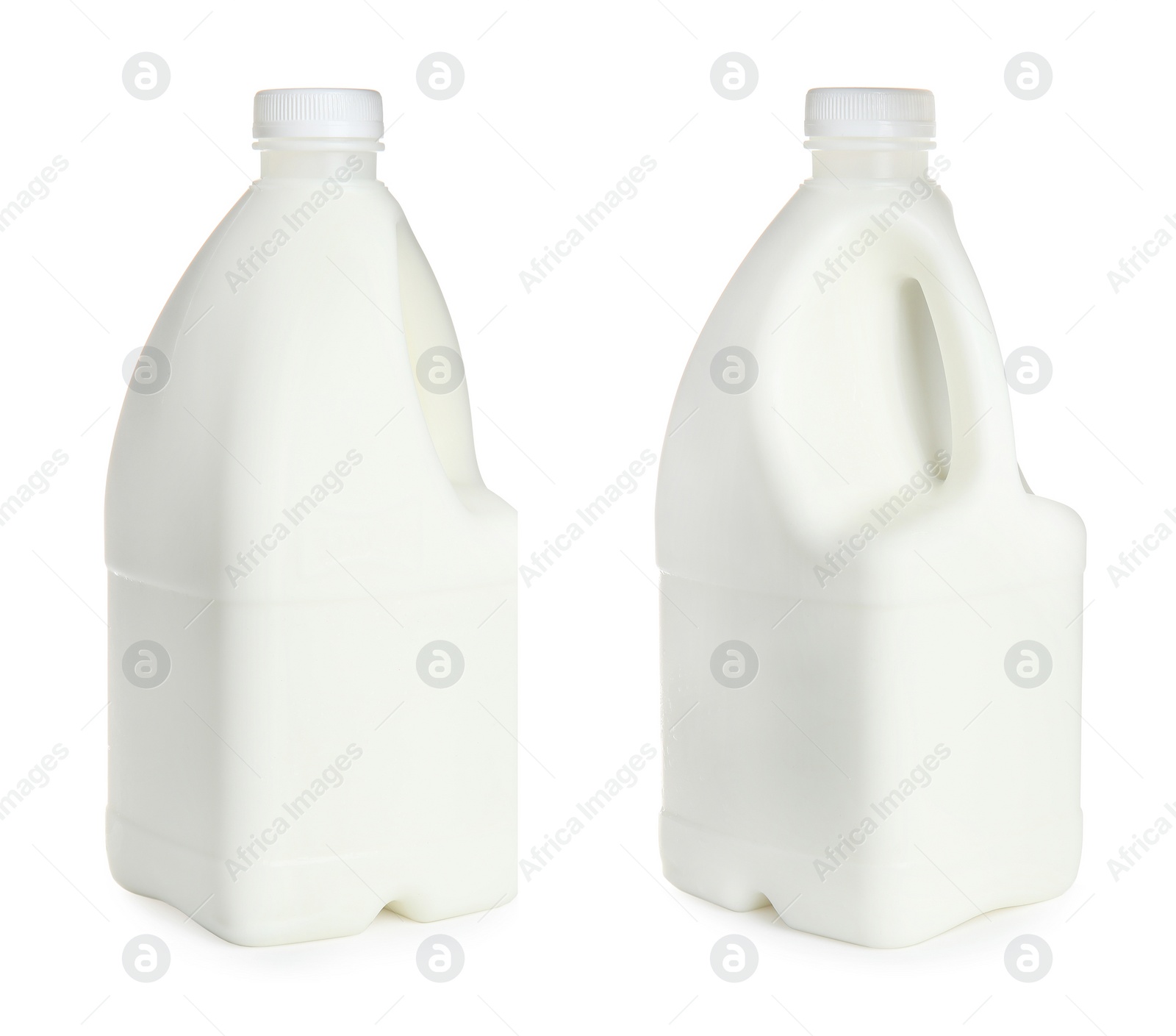 Image of Gallon bottles of milk on white background, collage