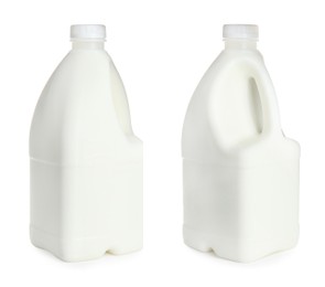 Image of Gallon bottles of milk on white background, collage