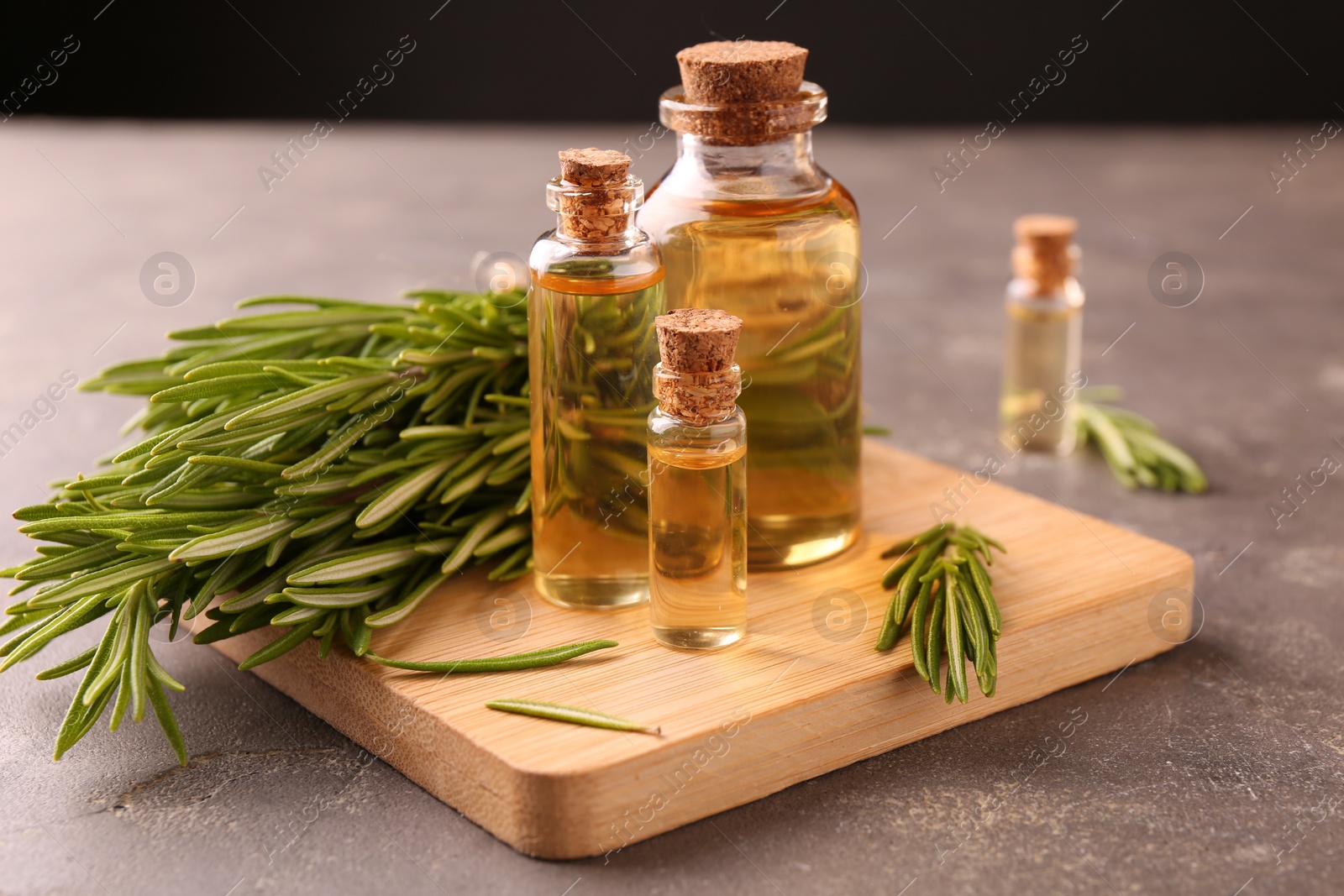 Photo of Essential oil in bottles and rosemary on grey table