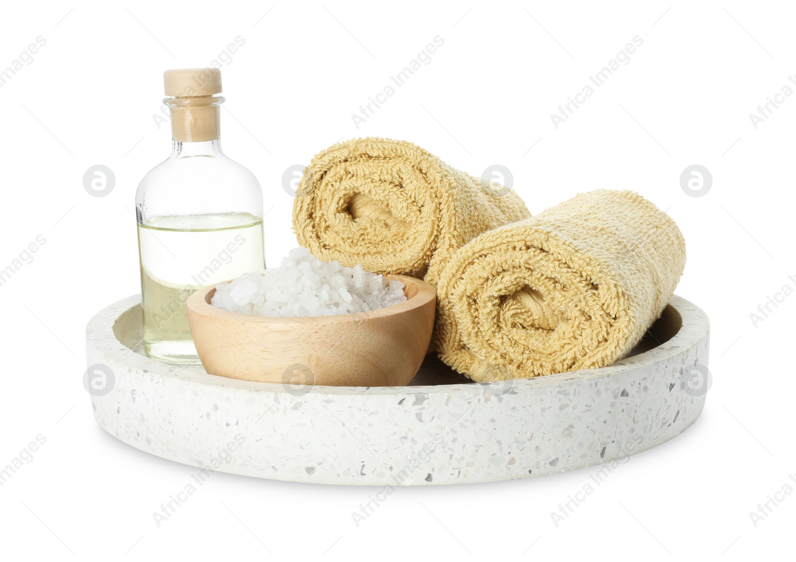 Photo of Spa composition. Towels, essential oil and sea salt on white background