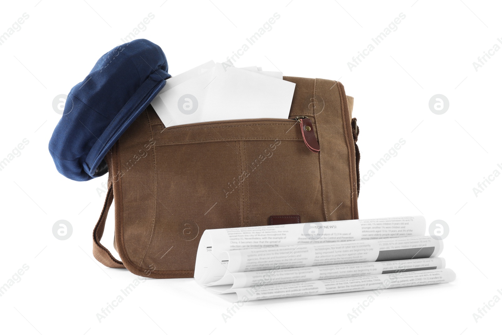 Photo of Brown postman bag with mails, newspapers and hat on white background