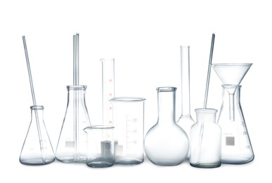 Clean empty laboratory glassware isolated on white