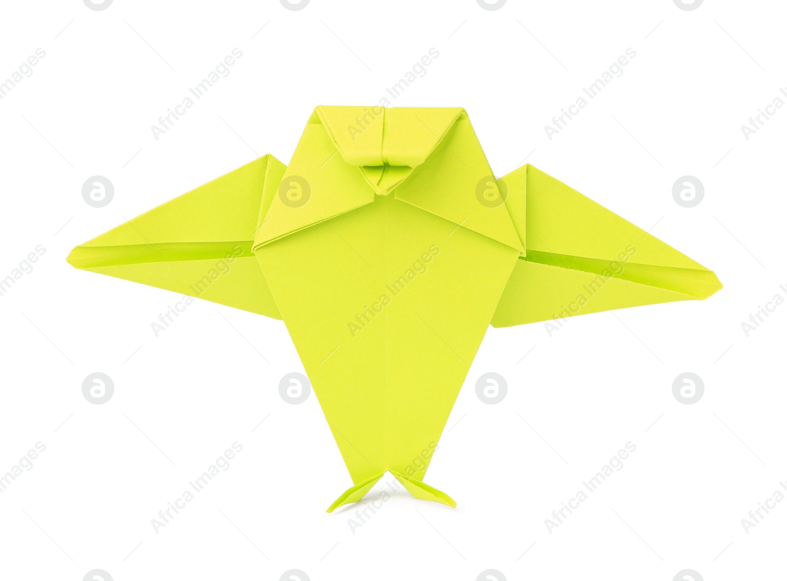 Photo of Origami art. Handmade green paper bird on white background