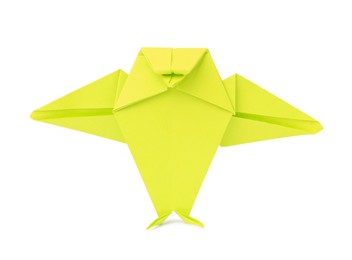 Photo of Origami art. Handmade green paper bird on white background